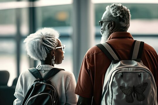 Senior couple at the airport. They are ready for the travel vacation. Created with AI