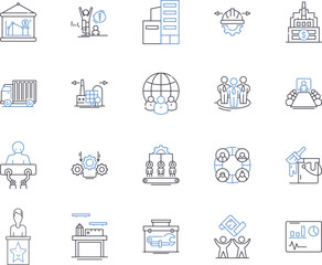 Production enterprise outline icons collection. Enterprise, Production, Manufacturing, Company, Factory, Organization, Business vector and illustration concept set. Industry, Plant, Conglomerate