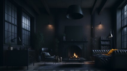 Plakat interior design living room with fireplace light dark background generated Ai