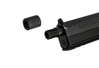 Modern semi-automatic pistol isolate on a white back. Armament for the army and police. Short-barreled weapon