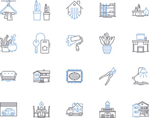 Furniture and interior outline icons collection. Furniture, Interior, Decor, Sofa, Table, Chair, Design vector and illustration concept set. Couch, Dining, Bed linear signs