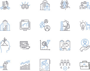 Company development outline icons collection. Growth, Expansion, Investment, Profitability, Efficiency, Strategy, Optimization vector and illustration concept set. Succession, Innovation, Productivity