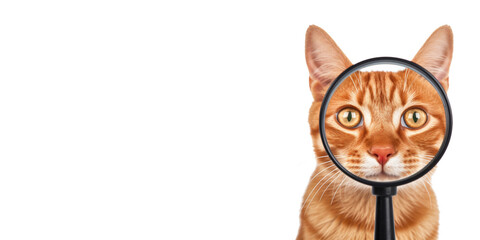 Portrait of a funny curious cat looking through a magnifying glass over png background created with Ai technology