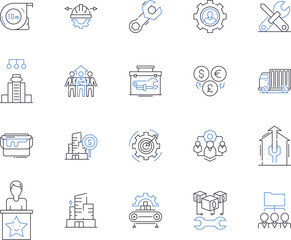 Fototapeta premium Industrial business outline icons collection. Industry, Business, Manufacturing, Factory, Industrialization, Commerce, Processing vector and illustration concept set. Plants, Warehouses, Distribution