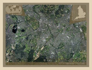 Royal Borough of Kingston upon Thames, England - Great Britain. High-res satellite. Labelled points of cities