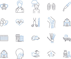Health services outline icons collection. Healthcare, Services, Wellness, Medical, Treatment, Clinic, Care vector and illustration concept set. Diagnosis, Prevention, Nursing linear signs