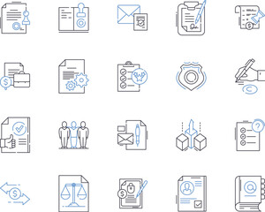 Legal management outline icons collection. Law, Management, Litigation, Compliance, Risk, Dispute, Regulations vector and illustration concept set. Solicitors, Hearings, Contracts linear signs