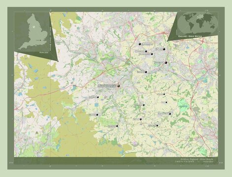 Kirklees, England - Great Britain. OSM. Labelled points of cities