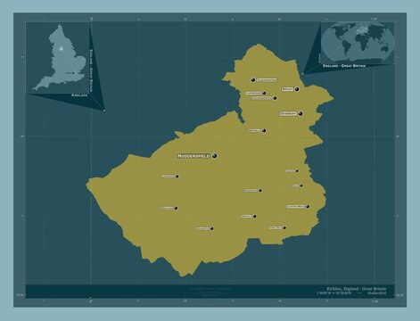 Kirklees, England - Great Britain. Solid. Labelled points of cities