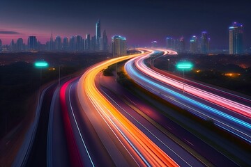 Smart digital city with high speed light trail of cars of digital data transfer digital art. Generative AI.