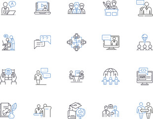 Teaching outline icons collection. Tutor, Instruct, Educate, Guide, Coach, Direct, Lecture vector and illustration concept set. Mentor, School, Teach linear signs