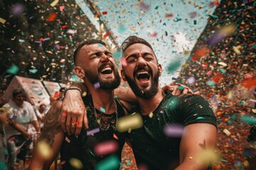 Obraz premium Confetti raining onto a gay couple with gay flag , rainbow flag ,laughing and having fun at a festival Generative AI