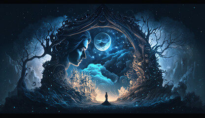 A fantastic portal made of twisted and intricate trees and branches. Ai abstract fantasy panorama with moon, blue magical night atmosphere, a fairy castle. profile of a beautiful sorceress woman. 