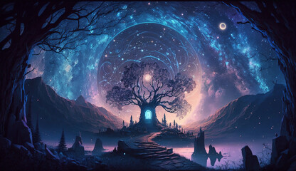 AI Generated horizontal wallpaper of a magical epic oak tree with a glowing mystic door, magic cosmos nebula with moon. Fantasy illustration with a fabulous starry sky in a mythical fairy tale night. 