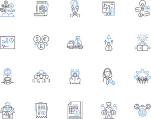 Buy a business outline icons collection. Purchase, Acquire, Invest, Business, Buyer, Seller, Merger vector and illustration concept set. Franchise, Real-Estate, Assets linear signs