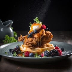 Poached Egg Chicken and Waffles - Generative Ai Illustration