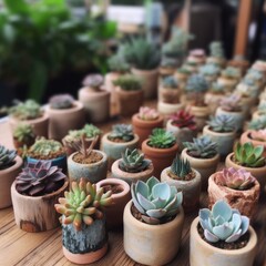 Rows of cute tiny succulent pots on a wooden table - Generative AI