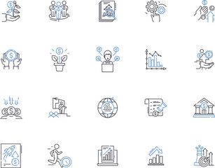 Business valuation outline icons collection. Business, Valuation, Analysis, Appraisal, Models, Cost, Market vector and illustration concept set. Equity, Assets, Liabilities linear signs