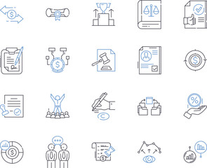 Attorney agency outline icons collection. Lawyer, Attorney, Legal, Firm, Practice, Counsel, Representation vector and illustration concept set. Law, Litigation, Services linear signs