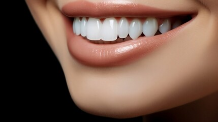 This is an advertisement for Banner's tooth whitening services, showcasing a close-up of a female's perfect white teeth with a shade guide to illustrate the bleach color.  Generative AI - obrazy, fototapety, plakaty