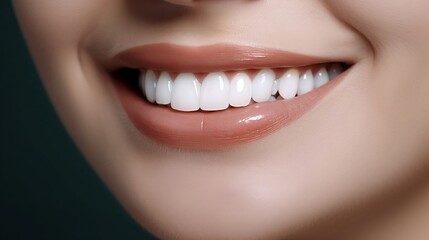 This is an advertisement for Banner's tooth whitening services, showcasing a close-up of a female's perfect white teeth with a shade guide to illustrate the bleach color.  Generative AI