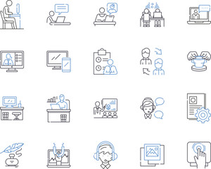 Team workshop outline icons collection. Workshop, Team, Training, Collaboration, Problem-solving, Learning, Teambuilding vector and illustration concept set. Communication, Facilitation, Motivation