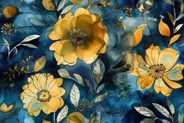 Abstract watercolor floral pattern in a combination of bright yellow and dark blue colors, background. AI generated