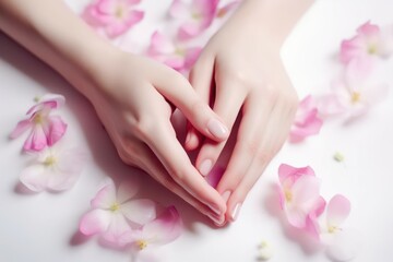 Obraz na płótnie Canvas Close-up of beautiful female hands with flowers. The concept of hand care anti-aging cream and spa. AI generated