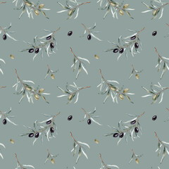 Watercolor seamless pattern with black and green olives and branch. Hand painted olives isolated on white background. Botanical illustration for design, print, fabric or background