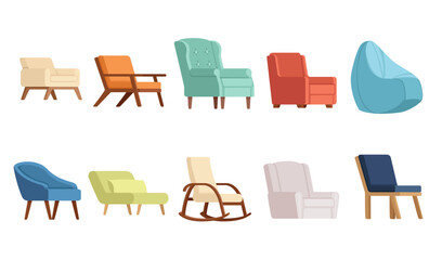 Set of modern wooden comfortable armchair vector illustration isolated on white background