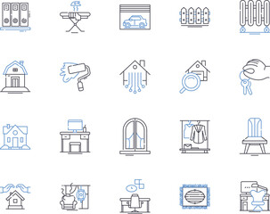 Home interior outline icons collection. Furnishings, Decor, Lighting, Paint, Sofas, Curtains, Carpets vector and illustration concept set. Chairs, Wallpaper, Mirrors linear signs