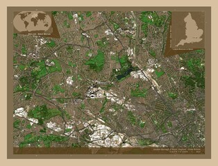 London Borough of Brent, England - Great Britain. Low-res satellite. Labelled points of cities