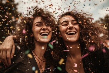 Obraz na płótnie Canvas Heartwarming moment captured at a lively festival, where confetti rains down on a joyful lesbian couple holding up the rainbow flag, laughing and enjoying their time together Generative Ai