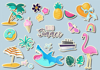 Set of cute summer stickers palm tree, beach umbrella, tropical flowers, flamingo. Perfect for summertime poster, card, scrapbooking, invitation.