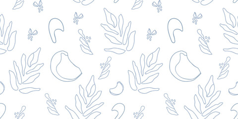 simple illustration floral pattern with lines of berries and leaves. abstract summer pattern navy on white background