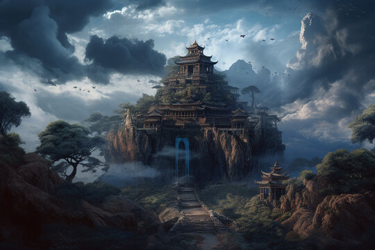 Magical huge oriental-style castle amidst fog and clouds in a natural landscape on a mountain with fantasy atmosphere. Ai generative illustration.