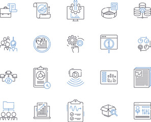 Data and computer outline icons collection. Data, Computer, Analysis, Science, Networking, Technology, Storage vector and illustration concept set. Processing, Programming, Security linear signs