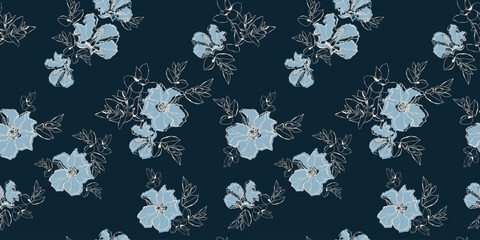 floral pattern, navy blue flowers. summer dress design seamless vector repeat pattern. For fabric, textile or surface design