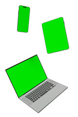 Smartphones and tablets with chroma key green screens floating in isolated background, 3d rendering. Modern digital technology, communication, apps and advertising concept