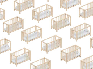 Numerous cribs against isolated background, 3d rendering. Demographics issue and baby boom, having children, furniture for a newborn concept