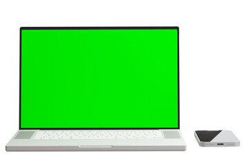 Modern laptop and smartphone with chromakey green screen in isolated background, 3d rendering. Modern digital technology illustration