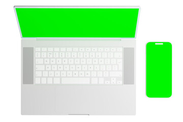 Modern laptop and smartphone with chromakey green screens in isolated background, 3d rendering. Modern digital technology illustration, directly above