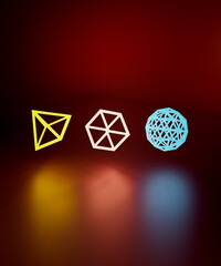 Neon glowing abstract geometric shapes in dark background, 3d rendering. Vibrant coloured simple objects, abstract background
