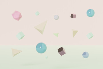 Abstract geometric shapes floating in the air, 3d rendering. Pastel coloured simple objects, abstract background