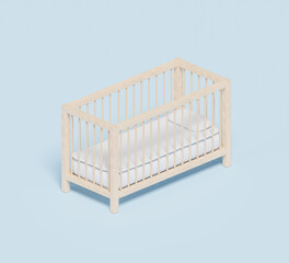 Wooden baby crib against pastel background, 3d rendering. Giving birth, having children, interior decor and furniture for a newborn