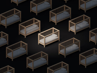 Numerous cribs in dark background, 3d rendering. Demographics issue and baby boom, having children, family planning concept