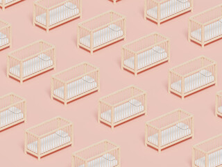 Numerous cribs against pink background, 3d rendering. Demographics issue and baby boom, having children, furniture for a newborn concept