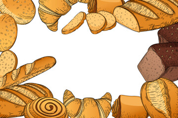 Bakery products hand drawn style for postcard or banner design vector illustration on white background