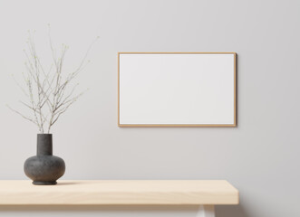 Mockup of a cozy room with white wall, wooden table, empty picture frame and a vase, 3d rendering. Template and background of a living room or a hall with copy space
