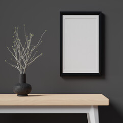 Mockup of a cozy room with dark wall, wooden table, empty picture frame and a vase, 3d rendering. Template and background of a living room or a hall with copy space